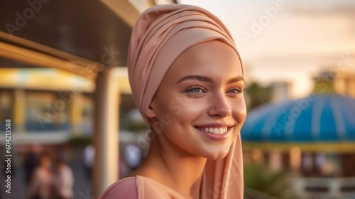 young adult woman traveling, on vacation, hijab headscarf sun protection, old town, fictional place. Generative AI