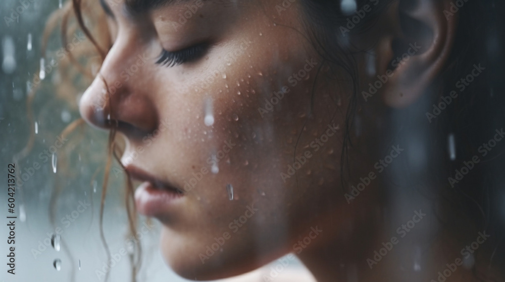 woman in rainy weather with rain, raindrops, humble or sad, angry or highly emotional, young adult woman, caucasian, 20s, fictional reason, close-up. Generative AI