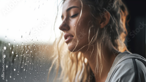 woman in rainy weather with rain, raindrops, humble or sad, angry or highly emotional, young adult woman, caucasian, 20s, fictional reason, close-up. Generative AI