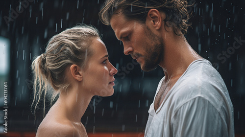 woman and man  couple or friends  in rainy weather with rain  raindrops  humble or sad  angry or highly emotional  adult caucasian  20s  fictional reason  close-up. Generative AI