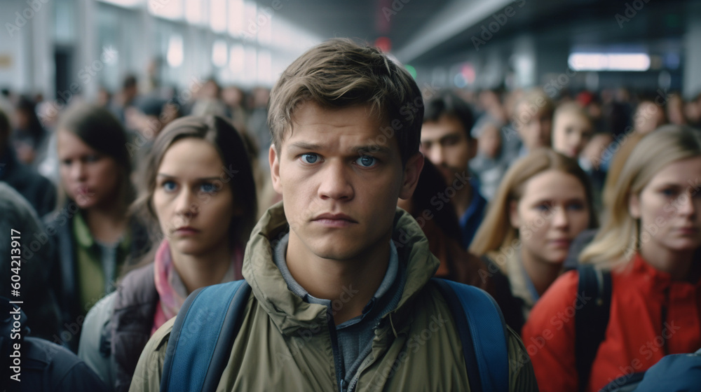 bad mood, crowd, dense crowd or queue, fictional place and happening, young adult people. Generative AI