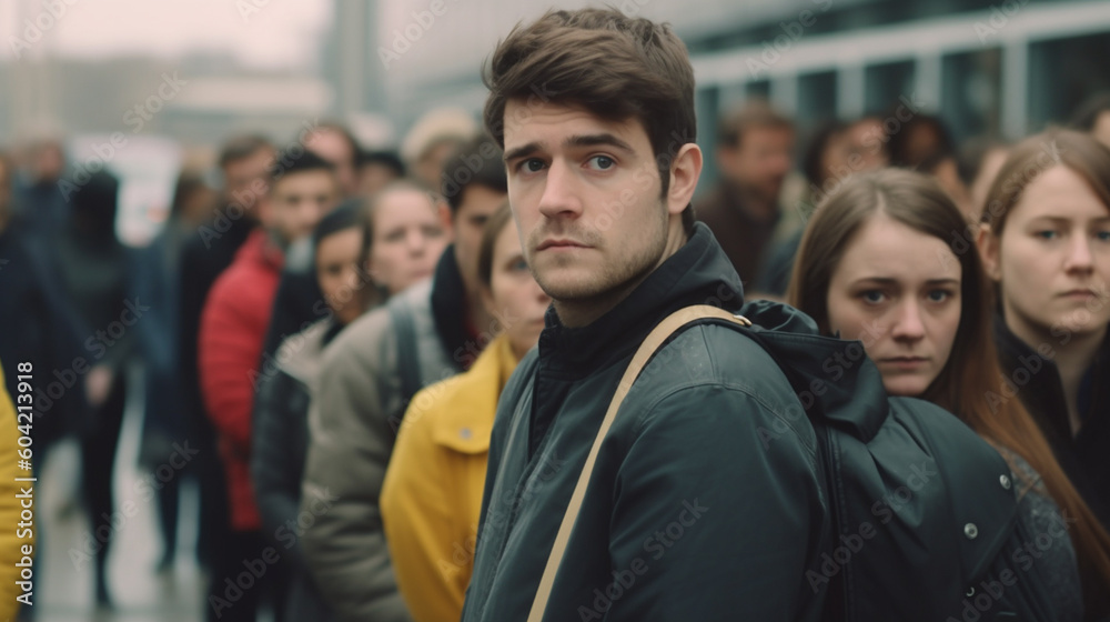 bad mood, crowd, dense crowd or queue, fictional place and happening, young adult people. Generative AI bad mood, crowd, dense crowd or queue, fictional place and happening, young adult people. Generative AI