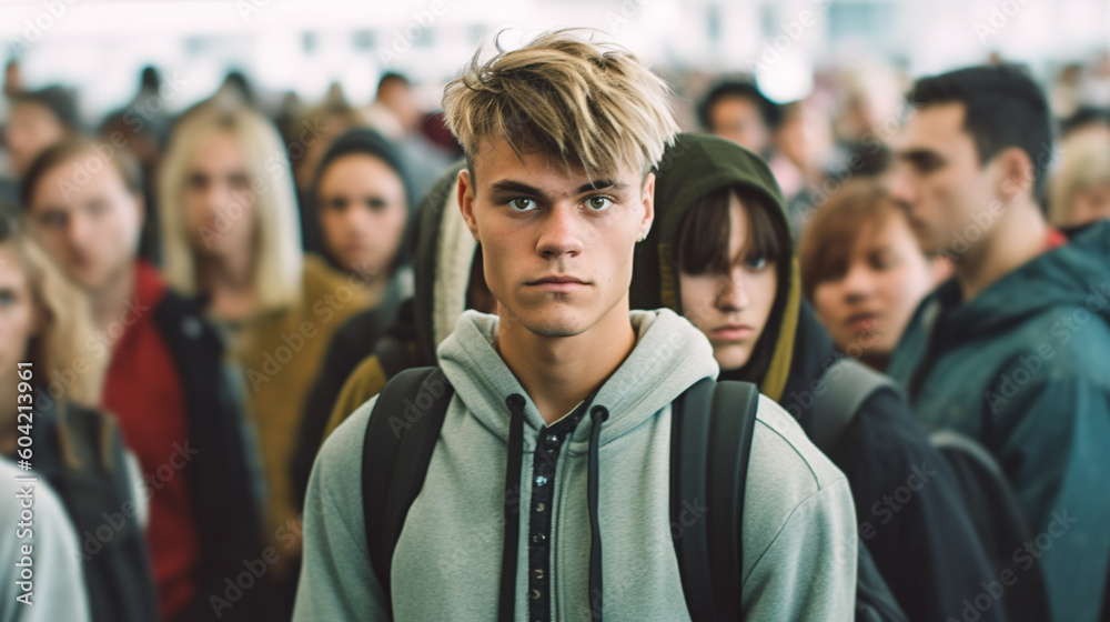 travelling, endless queues, fictional place, annoyed and stressed out in the crowd, mass tourism. Generative AI travelling, endless queues, fictional place, annoyed and stressed out in the crowd, mass tourism. Generative AI