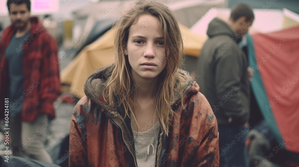 young teenager teen girl homeless and in poverty in a tent city, alone and discouraged and sad in a gloomy, desolate environment with many other people, crowds and problems. Generative AI