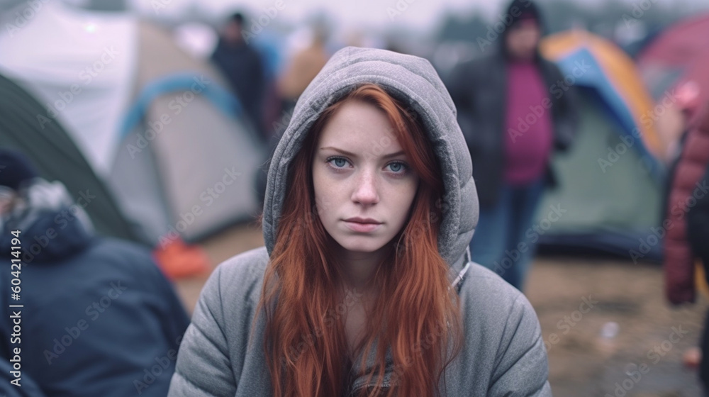 young adult woman homeless and in poverty in a tent city, alone and discouraged and sad in a gloomy, desolate environment with many other people, crowds and problems. Generative AI young adult woman homeless and in poverty in a tent city, alone and discouraged and sad in a gloomy, desolate environment with many other people, crowds and problems. Generative AI