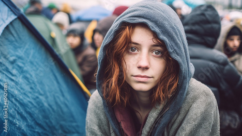 young teenager teen girl homeless and in poverty in a tent city, alone and discouraged and sad in a gloomy, desolate environment with many other people, crowds and problems. Generative AI photo