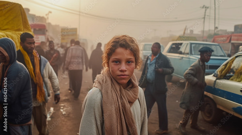young child girl kid local with a desperate or annoyed expression on her face, in a crowded street or city, poverty and/or bad air, visible exhaust fumes misty air. Generative AI young child girl kid local with a desperate or annoyed expression on her face, in a crowded street or city, poverty and/or bad air, visible exhaust fumes misty air. Generative AI