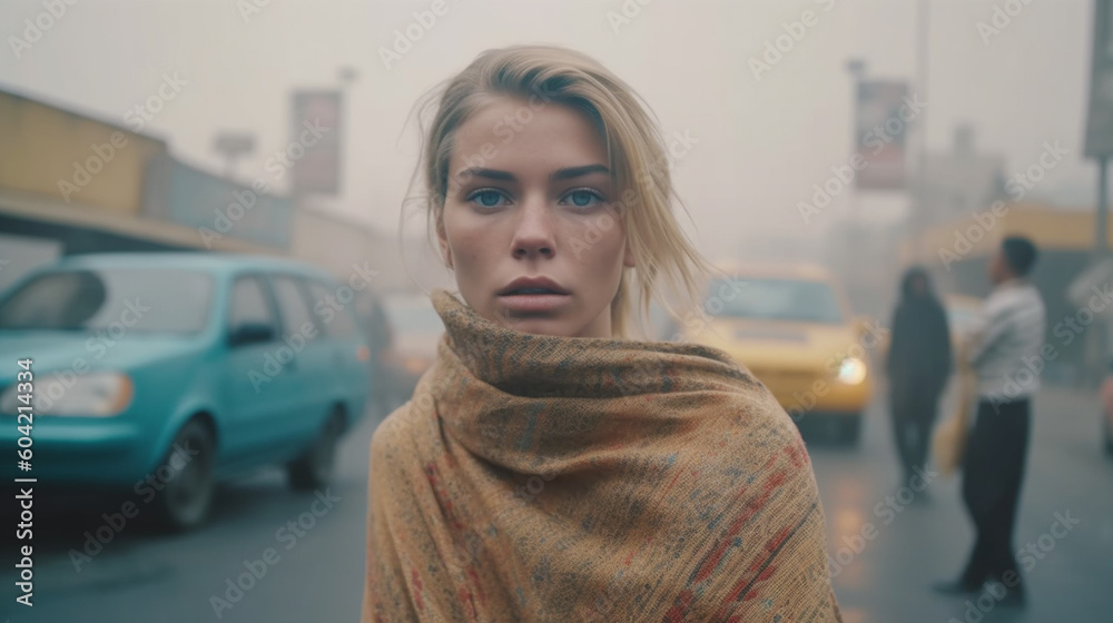 Fototapeta premium young adult woman tourist with a desperate or annoyed expression on her face, in a crowded street or city, poverty and/or bad air, visible exhaust fumes misty air. Generative AI