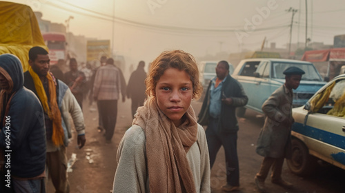 young child girl kid local with a desperate or annoyed expression on her face, in a crowded street or city, poverty and/or bad air, visible exhaust fumes misty air. Generative AI