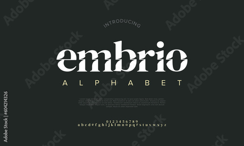 Embrio abstract digital technology logo font alphabet. Minimal modern urban fonts for logo, brand etc. Typography typeface uppercase lowercase and number. vector illustration