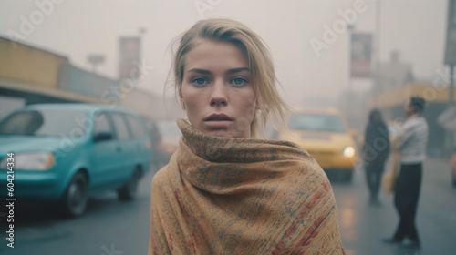 young adult woman tourist with a desperate or annoyed expression on her face, in a crowded street or city, poverty and/or bad air, visible exhaust fumes misty air. Generative AI