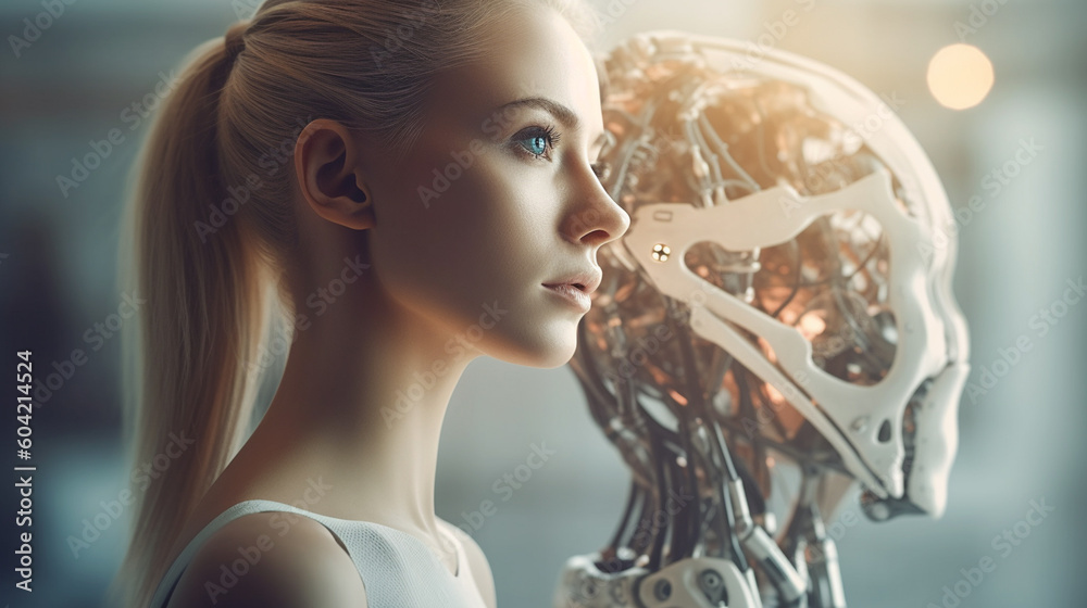 female robot, real and genuine-looking robot, fictitious. Generative AI female robot, real and genuine-looking robot, fictitious. Generative AI