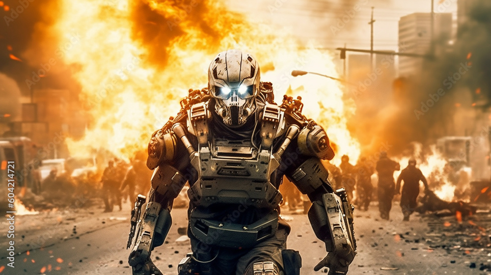 Fototapeta premium scary robot is a weapon in war, soldiers robot, war machine, humanoid android with artificial intelligence. Generative AI