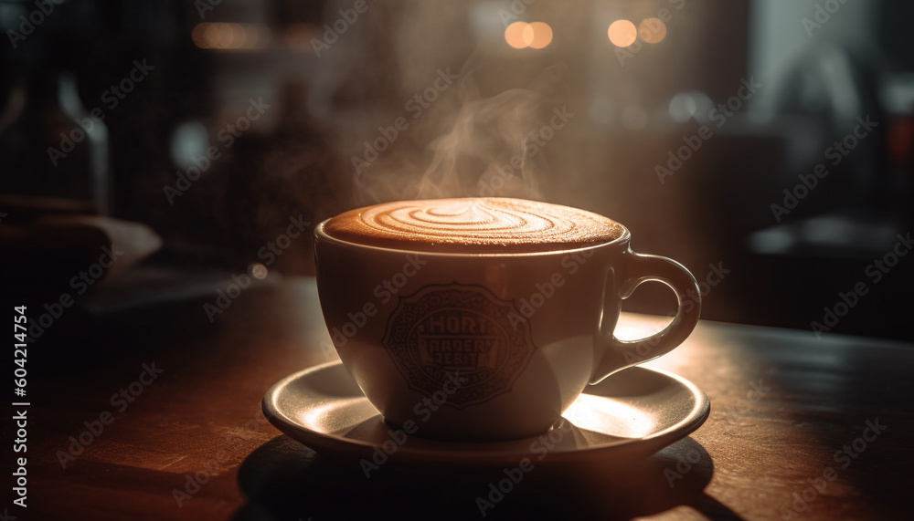 Frothy cappuccino on rustic wood table, a caffeine addiction generated by AI Frothy cappuccino on rustic wood table, a caffeine addiction generated by AI