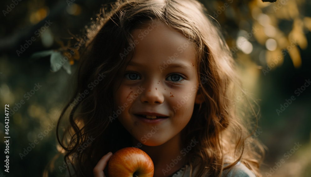 Cute girl holding apple, enjoying autumn beauty in nature generated by AI Cute girl holding apple, enjoying autumn beauty in nature generated by AI