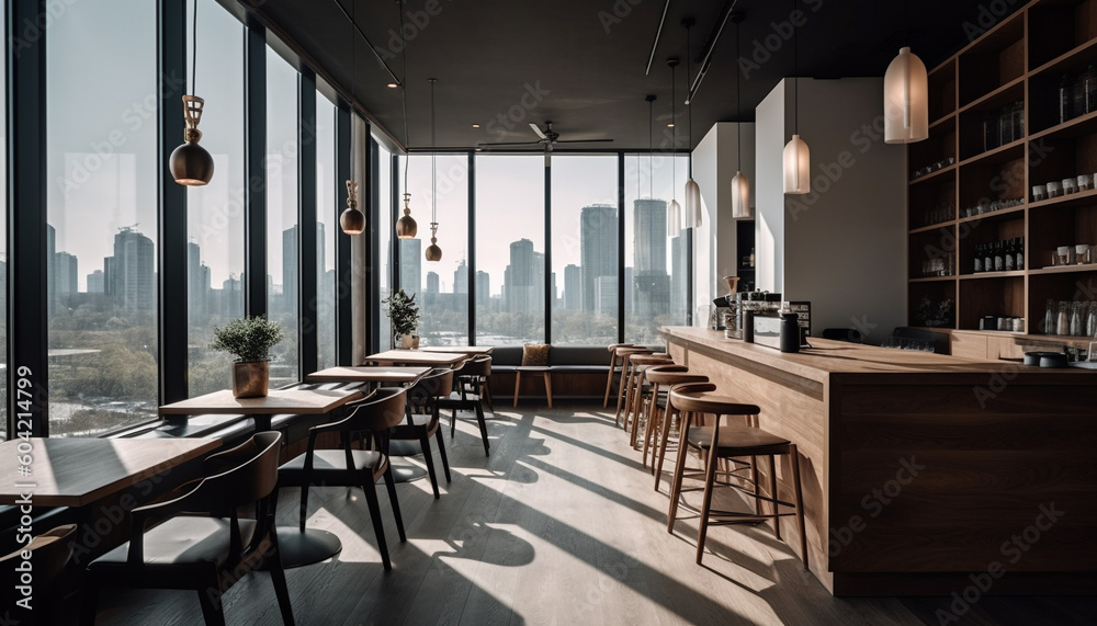 Fototapeta premium Modern loft apartment with panoramic cityscape view and comfortable seating generated by AI