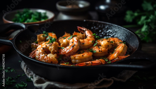 Grilled prawn and scampi appetizer, cooked to perfection on cast iron generated by AI