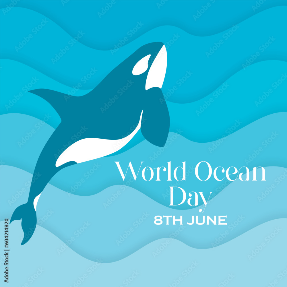 Naklejka premium A blue paper wave with a whale in the water, world ocean day, june 8