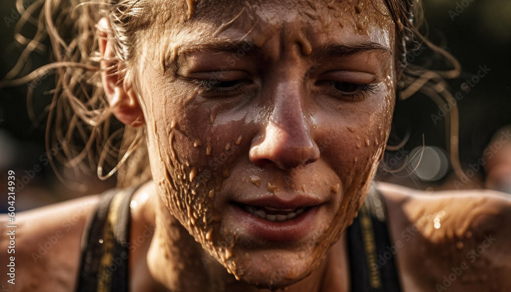Smiling woman enjoys summer rain, splashing in dirty water generated by AI Smiling woman enjoys summer rain, splashing in dirty water generated by AI