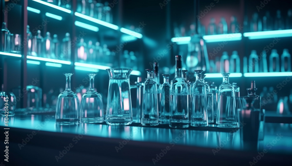 A row of bottles in a bar, illuminated and transparent generated by AI