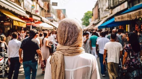 a young adult woman on vacation in tourist side street, sightseeing or hotel, tourist old town, woman on summer vacation, city trip, headscarf as sun protection, hijab, caucasian woman. Generative AI