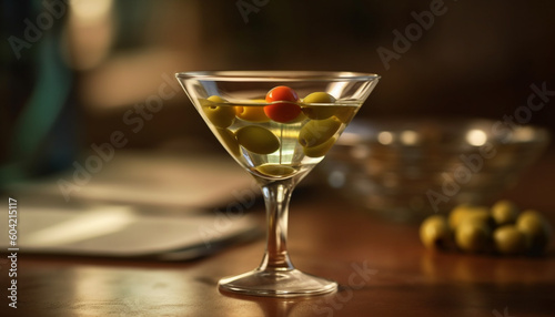 Green olive martini glass adds elegance to summer party celebration generated by AI