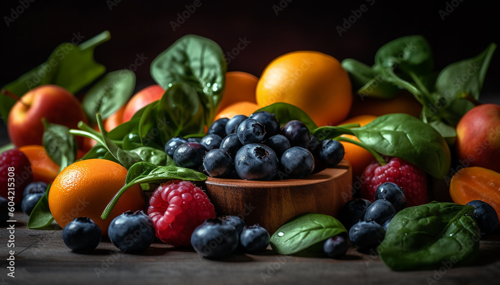 A gourmet fruit salad with multi colored berries and citrus fruits generated by AI