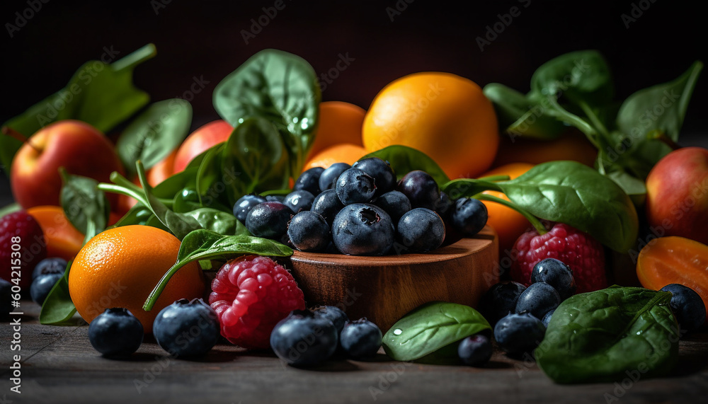 A gourmet fruit salad with multi colored berries and citrus fruits generated by AI A gourmet fruit salad with multi colored berries and citrus fruits generated by AI