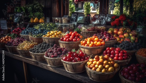 Abundance of fresh, organic fruits and vegetables in colorful basket generated by AI