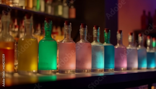 A multi colored celebration of nightlife, with refreshing drinks illuminated generated by AI