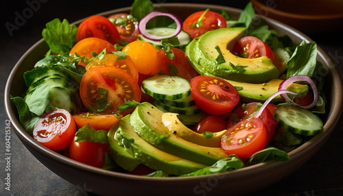 Fresh vegetarian salad with ripe tomato, mozzarella, and avocado slices generated by AI