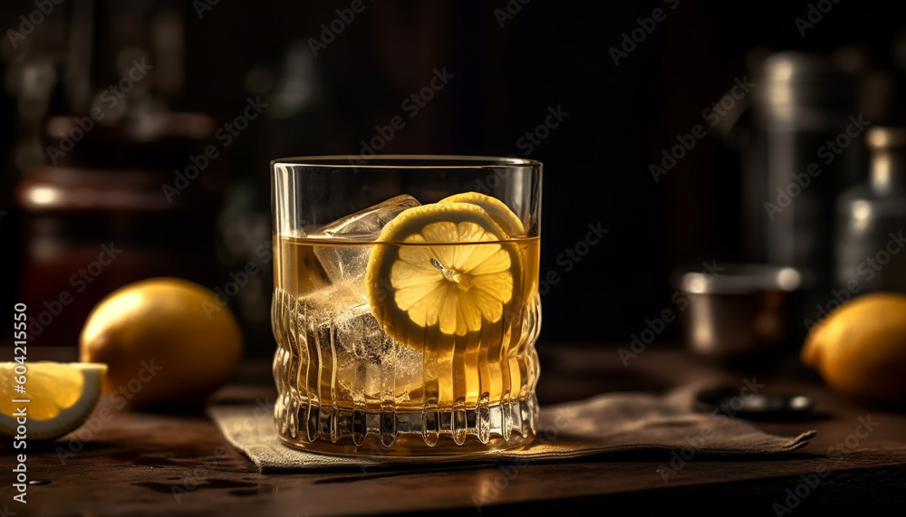 A refreshing citrus cocktail with lemon and lime slices generated by AI A refreshing citrus cocktail with lemon and lime slices generated by AI