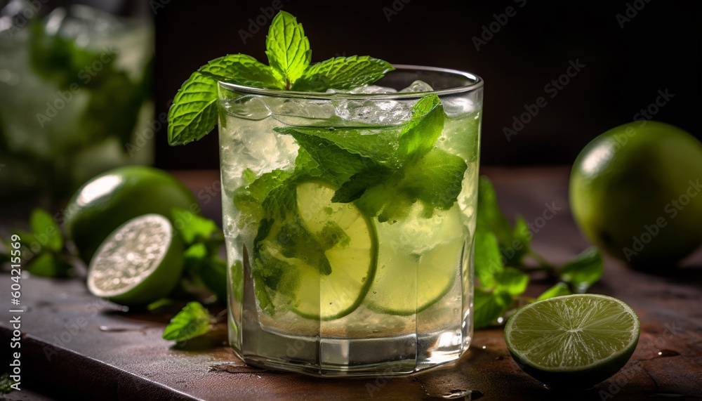 A refreshing mojito cocktail with lime, mint leaf, and soda generated by AI A refreshing mojito cocktail with lime, mint leaf, and soda generated by AI