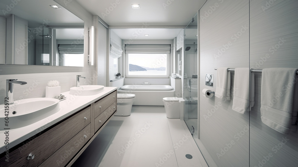 large bathroom with sink and bath and toilet and bidet. Generative AI large bathroom with sink and bath and toilet and bidet. Generative AI