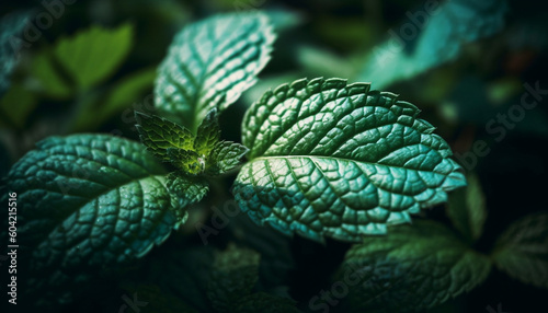 Fresh spearmint drop on wet leaf, beauty in nature pattern generated by AI