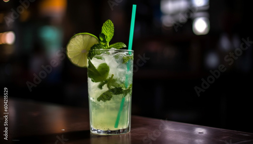 A refreshing mojito with lime, mint, and ice cubes generated by AI