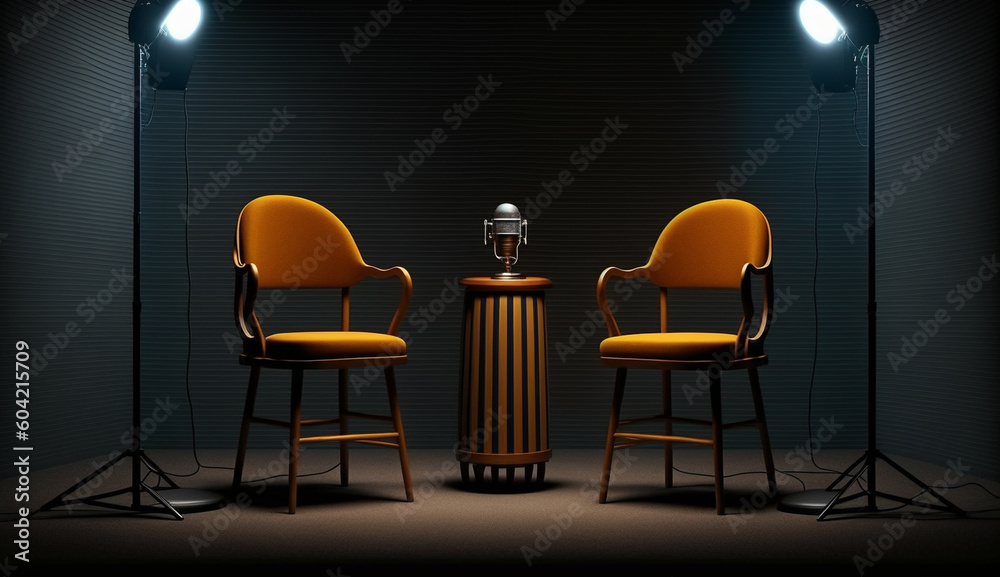 Two chairs and microphones in Studio for podcast or interview, Generative Ai Two chairs and microphones in Studio for podcast or interview, Generative Ai