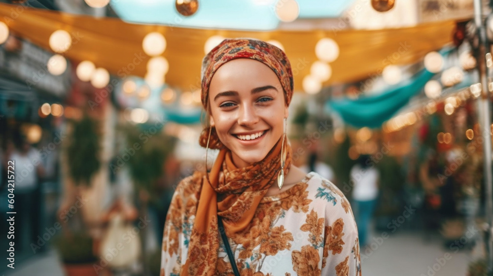 a young adult woman on vacation in tourist side street, sightseeing or hotel, tourist old town, woman on summer vacation, city trip, headscarf as sun protection, hijab, caucasian woman. Generative AI