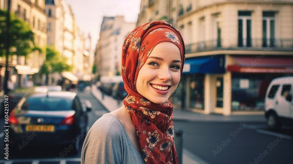 young adult woman, outside in her free time or in everyday life or weekend, strolling through the city or vacation as a city trip. Generative AI young adult woman, outside in her free time or in everyday life or weekend, strolling through the city or vacation as a city trip. Generative AI