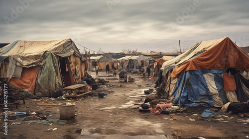 tents in a tent city or refugee camp, sadness and hopelessness with dirt and rainy weather, fictional place. Generative AI photo