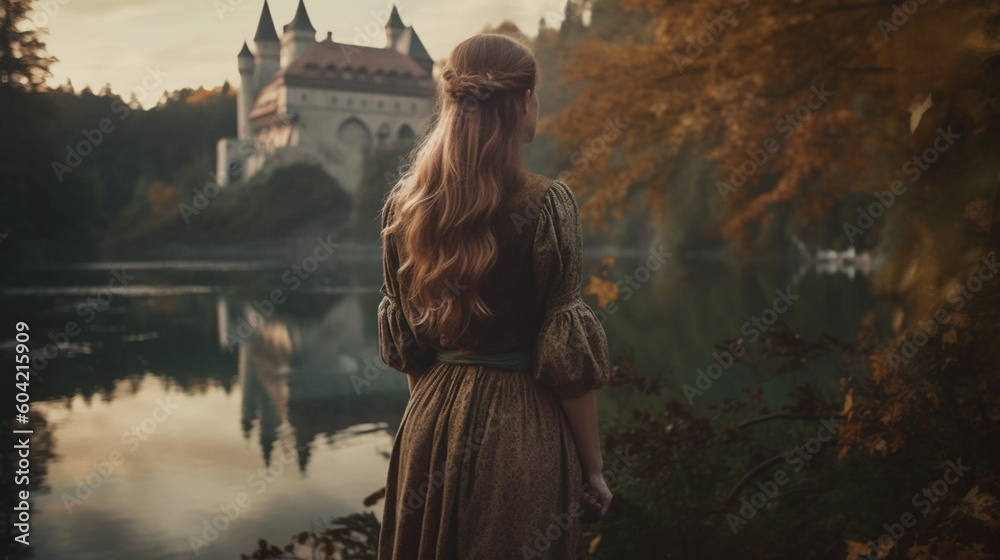 typical image from a fairy tale, woman in front of a castle, ancient vintage, travel, drama or crime, , typical german castle image, Germany, fictional location. Generative AI