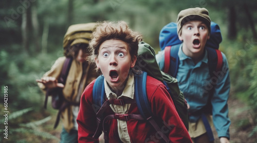 young teenagers boys survivor jungle adventure survivor with dirty face and dirty shirt slightly torn, in the background trees, snakes. Generative AI