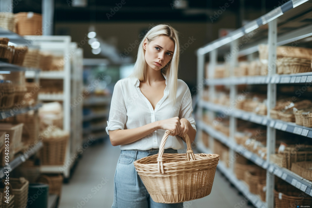 young adult woman in bad mood, in supermarket