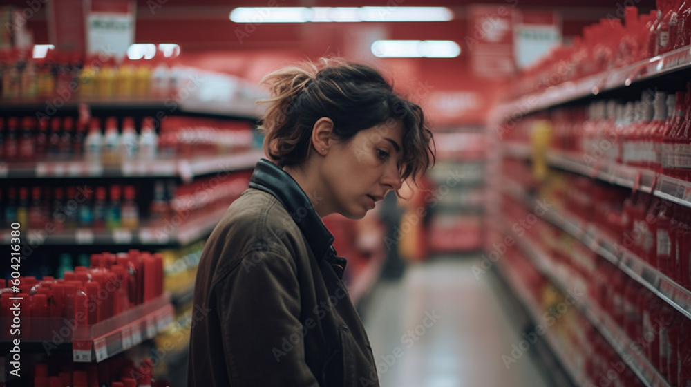 adult mature woman in bad mood, in supermarket
