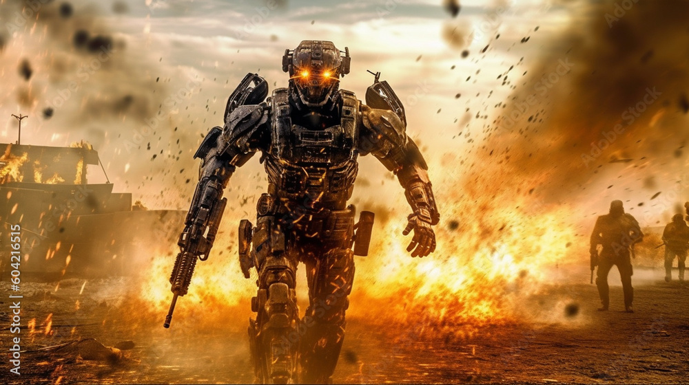 robot soldier in modern combat gear combat uniform in camouflage colors with large machine gun, protective clothing and helmet, war with modern equipment, humanoid android with artificial intelligence robot soldier in modern combat gear combat uniform in camouflage colors with large machine gun, protective clothing and helmet, war with modern equipment, humanoid android with artificial intelligence
