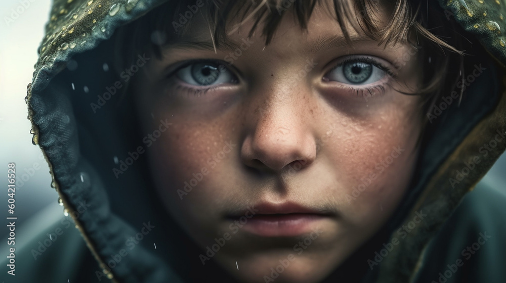 fictional person and environment, a young little underage child with a very sad facial expression and sad look in dark environment fictional person and environment, a young little underage child with a very sad facial expression and sad look in dark environment