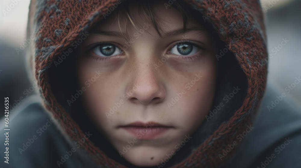 fictional person and environment, a young little underage child with a very sad facial expression and sad look in dark environment