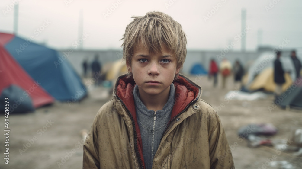 Obraz premium fictional person and environment, a young little underage child with a very sad facial expression and sad look in dark environment