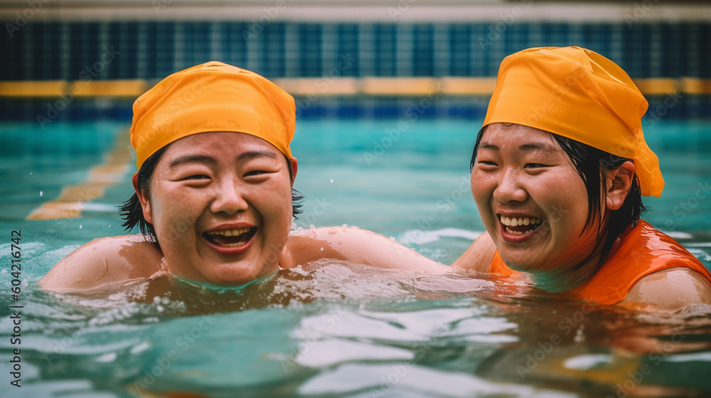 mature adult women swim together together in swimming pool, public swimming pool, swimming pool with water, swimming cap