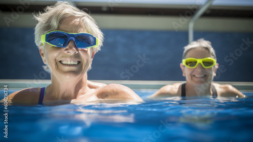 elderly mature adult women swim together together in swimming pool, public swimming pool, swimming pool with water